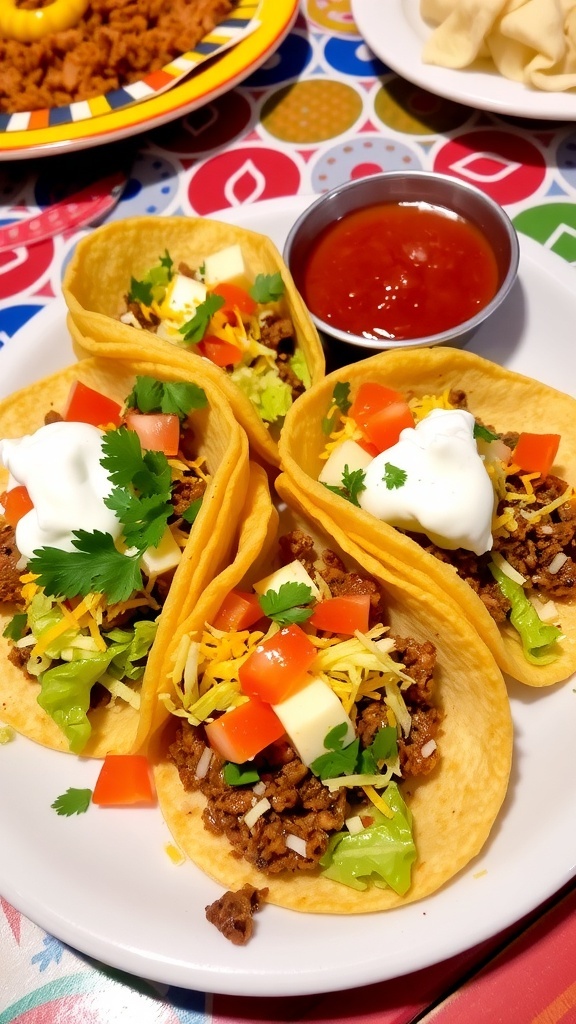 Crispy Beef Tacos Recipe A plate of crispy beef tacos topped with lettuce, tomatoes, cheese, and sour cream, with salsa on the side.
